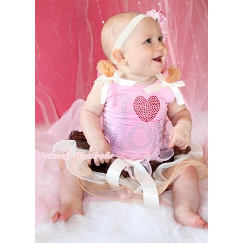 Mother's Day Light Pink Baby Pettitop with Goldenrod Ruffles & Cream White Bow & Sparkle Crystal Bling Rhinestone I Love Mom Print with Cream White Bow Rainbow Light Pink Brown Cream White Goldenrod Petal Baby Pettiskirt BG151 